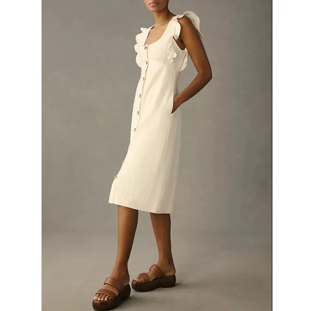 NWOT Anthropologie Pilcro Scoop-Neck Ruffle-Sleeve Buttondown Dress White Sz 10 - Picture 1 of 11